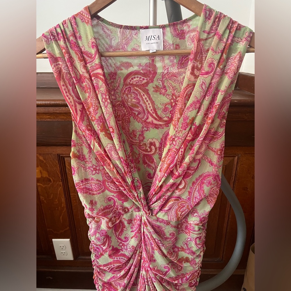MISA Los Angeles Ava Pink and Green Paisley Gathered Midi Dress